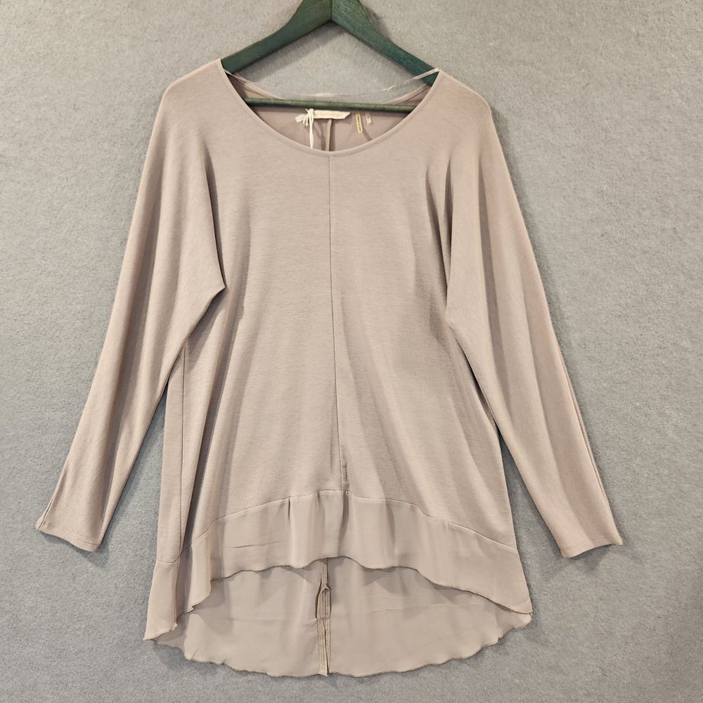 Soft Surroundings Long Tunic Womens M Chiffon Trim Beige Taupe Tan Long Sleeve